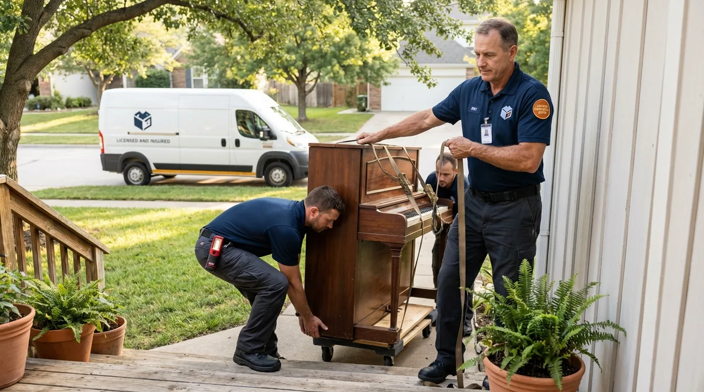Licensed piano movers securing grand piano in Baldwyn, MS