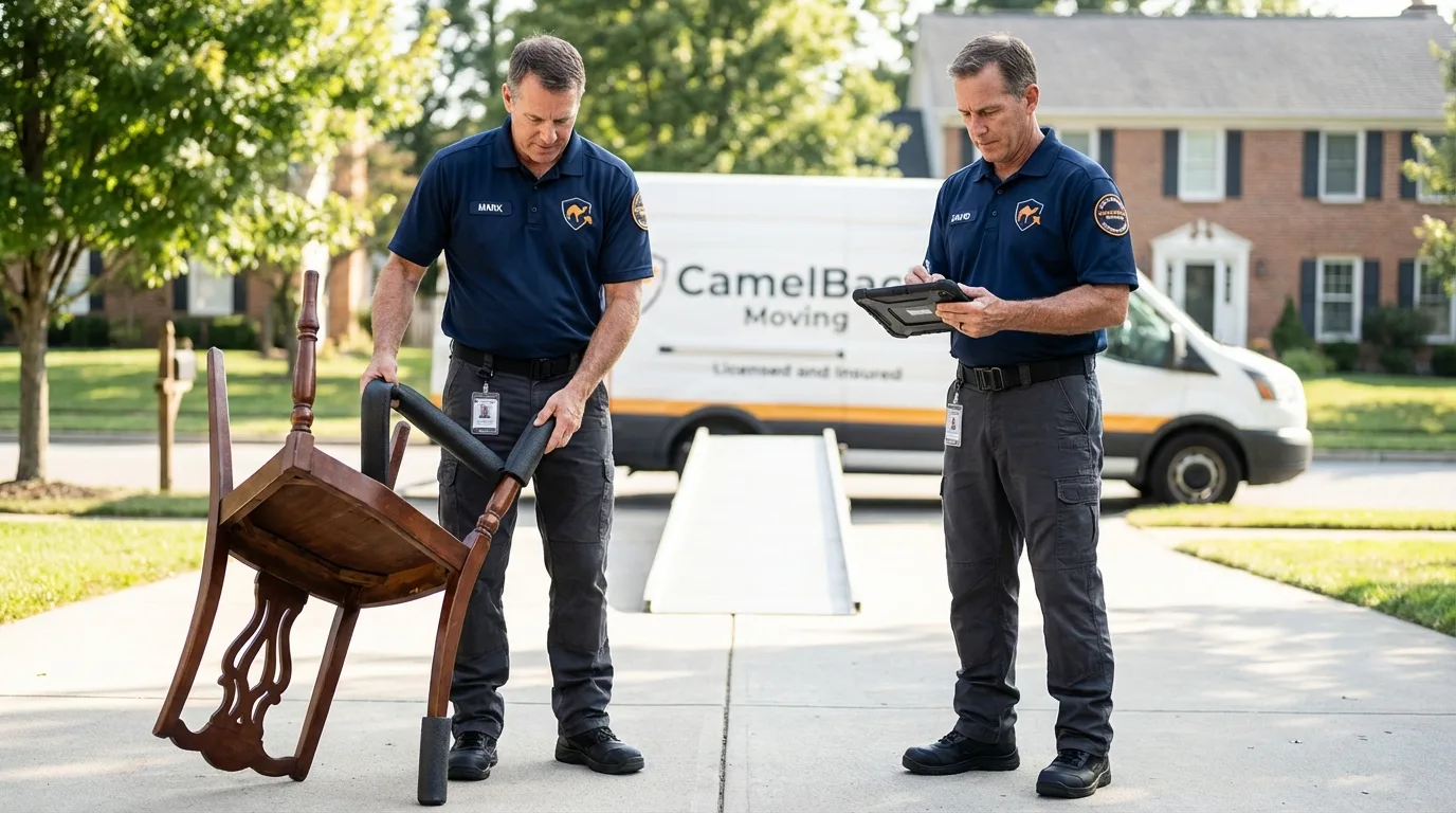 Movers inspecting furniture for damage prevention before loading in Baldwyn, MS