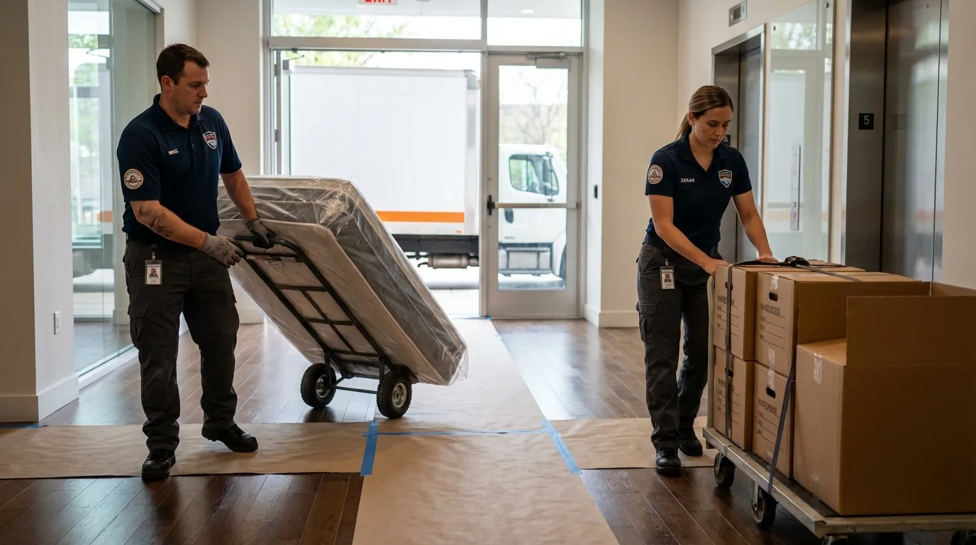 Professional apartment movers loading elevator in Baldwyn, MS