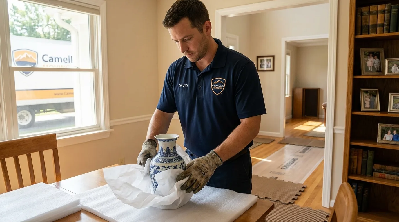 Professional crew carefully wrapping antique vase for senior downsizing move in Baldwyn, MS